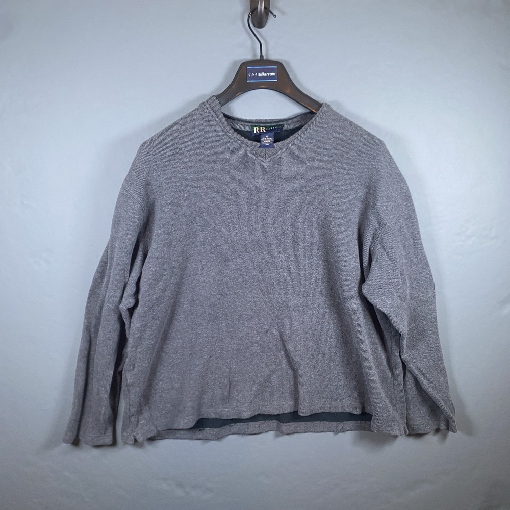 R&R Casuals Sweater Mens XL Grey V-Neck 100% Cotton Long Sleeve Pullover Knit